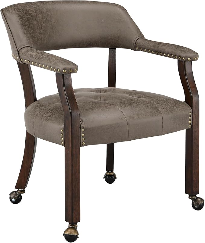 LEEMTORIG Large Dining Chairs with Casters and Arms, Rolling Dining Chairs with Wheels, Boss Caption's Chairs, 26" D x 25.2" W x 31.5" H, Espresso Legs & Dark Brown Fabric SY-318-DK