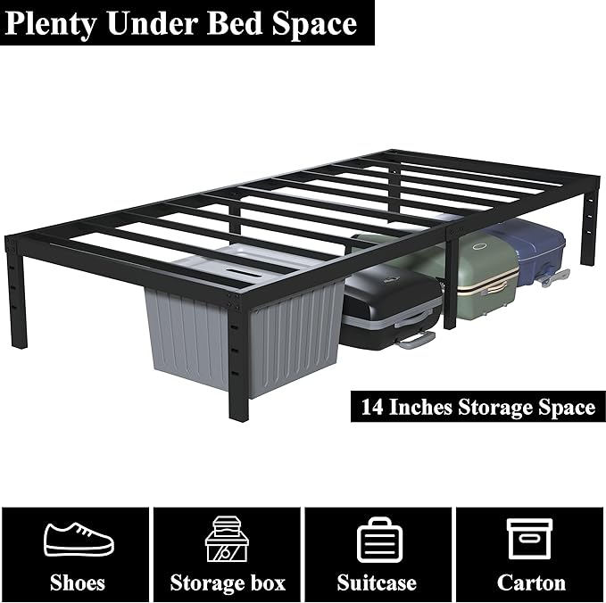 16 Inch Twin Bed Frames No Box Spring Need, Metal Platform Bed Frame Twin Size Heavy Duty Mattress Foundation with 14 Inch Storage, Eassy Assembly 2,500 lbs Steel Slats Support, Black