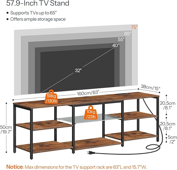 HOOBRO LED TV Stand for 75 Inch TVs with Charging Station, Gaming Entertainment Center with Open Storage, Media TV Console Table, TV Stand for Living Room, Bedroom, Rustic Brown and Black BF21UDDS01