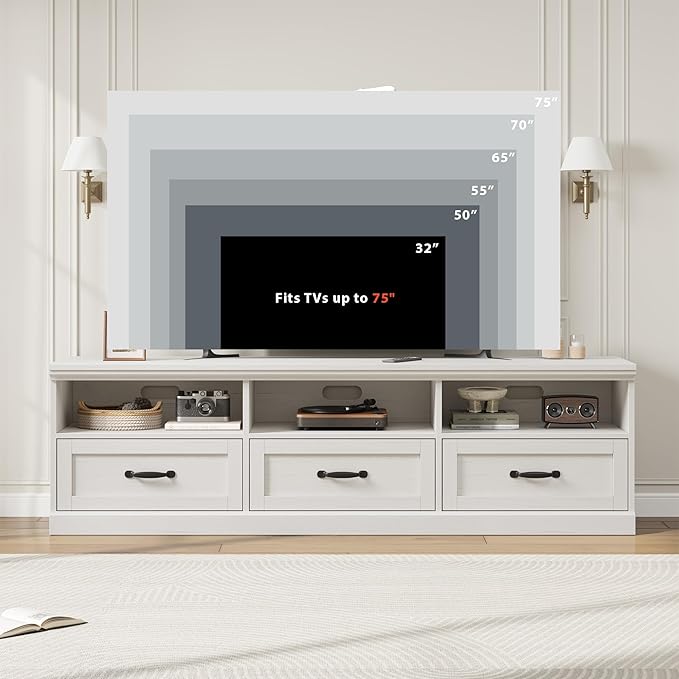 GarveeHome TV Stand for 65/70/75 Inch TV, Entertainment Center with Storage Drawer, Mid-Century Modern TV Console with Open Shelves, 70in Media TV Cabinet for Living Room, Bedroom, Antique White