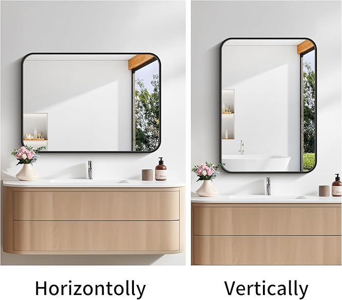 Bathroom Mirror, 18 x 24 inch Metal Framed Black Rectangle Mirror, Rounded Corner Rectangular Vanity Mirror, Wall Mounted Mirror for Modern Bedroom Living Room Hangs Horizontal or Vertical