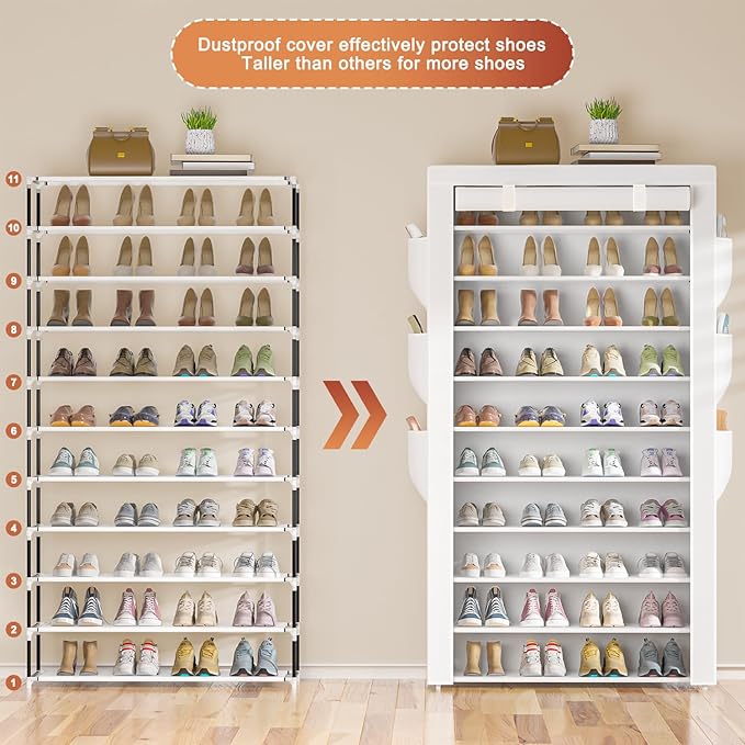 Shoe Rack 10Tier Large Capacity 50-56Pairs Beautiful Tall Shoe Shelf Free Standing Storage Cabinet Entryway Closet