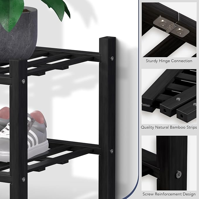 Haddockway Large 3 Tier Bamboo Shoe Rack Storage Organizer, Multifunctional Free Standing Stackable Shoe Shelf with Grid Panel for Closet,Hallway,Entryway,Small Space 27"x12"x21"(Black, 3-Tier(Large))