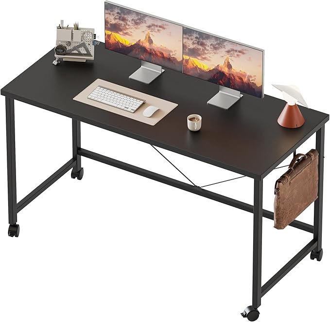 Rolling Computer Desk with Wheels, Gaming Desk for Small Spaces, Modern Simple Style Table for Home Office, Study Writing Table (Caster, Black, 48 inch)