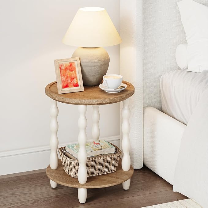 Round End Table, 2-Tier Farmhouse End Table, 18.5'' Handcrafted Weathered Look Wooden Nightstand Accent Table, Pine Leg, Small Side Tables for Living Room, Small Space, Bedroom, Boho, Easy Assembly