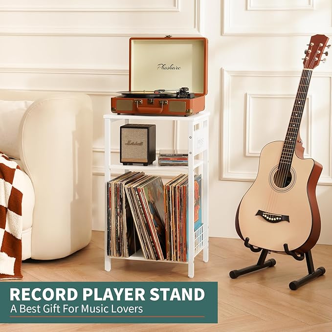 Yoobure Record Player Stand, 3-Tier White Side Table with Charging Station, Small End Table Record Holder with Vinyl Storage, Beside Tables Turntable Stand for Album CD, Night Stand for Living Room