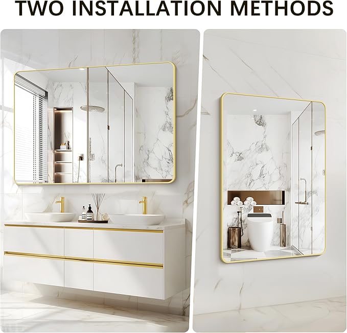 36"x48" Bathroom Mirror, Gold Rectangle Mirror, Large Rectangular Wall Mirror, Rounded Corner Vanity Mirror with Aluminum Metal Frame for Bathroom Bedroom Living Room Horizontal/Vertical