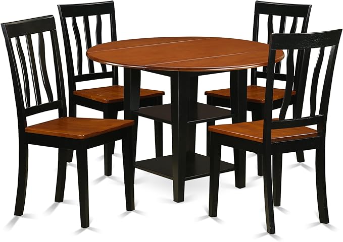 East West Furniture SUAN5-BCH-W 5 Piece Dining Set Includes a Round Dining Room Table with Dropleaf & Shelves and 4 Wood Seat Chairs, 42x42 Inch, Black & Cherry