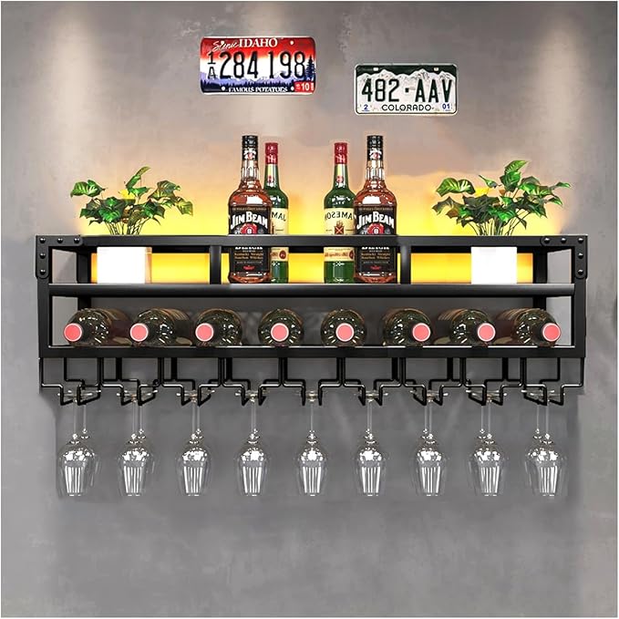 Pengfei LED Wine Rack Wall Mounted, Industrial Metal Wall Wine Shelf & Glass Holder, Large Floating Shelves Wine Bottle Storage Display Rack for Home Bar Dining Room Decor