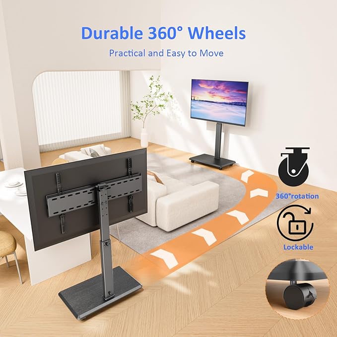 Rolling TV Stand, Portable Mobile TV Stand for 32-75 Inch TVs up to 110 lbs, 18 Adjustable Heights, Max VESA 600x400mm, Rolling TV Cart on Wheels with Mount for Bedroom, Office, Outdoor