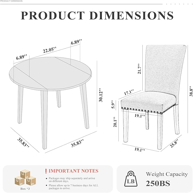 COLAMY 5-Piece Extendable Dining Set for 4, 36" Kitchen Round Wood Table with 4 Nailhead Dining Room Chairs,Light Brown/Beige