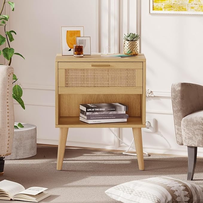 Irontar 17.7''L Nightstand Set of 2, Bedroom Night Stand with Charging Station & Rattan Drawer, Boho Style Bed Side Tables with Solid Legs, Accent End Table with Open Storage, Natural BZZ007ME02