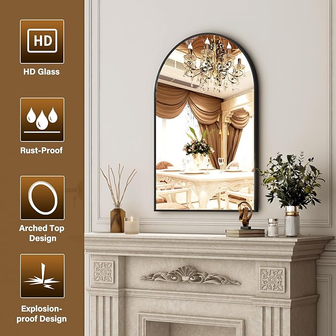 26"x38" Arched Wall Mirror for Bathroom, Black Vanity Mirror for Bedroom, Living Room, Entryway, Decorative Hanging Mirror for Wall