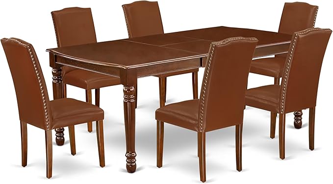 East West Furniture DOEN7-MAH-66 7 Piece Dining Table Set Consist of a Rectangle Dining Room Table with Butterfly Leaf and 6 Brown Faux Faux Leather Parson Chairs, 42x78 Inch, Mahogany