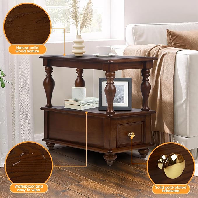 Narrow End Table with 1 Drawer and 2 Hidden Compartments for Living Room, 2-Tier Skinny Couch Side Table with Storage Shelves for Small Spaces, Solid Wood Slim Nightstand for Bedroom, Walnut