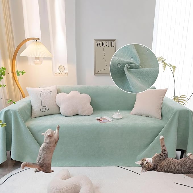 STACYPIK 100% Waterproof Sea Green Sofa Covers, Couch Cover for Sectional, Anti-Cat Scratch Furniture Protector, Washable Jacquard Sofa Cover for Dogs, Kids, Wear Resistant Sofa Slipcover-71X90IN