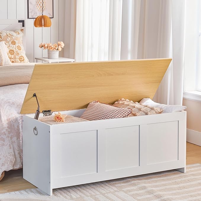 HOOBRO Storage Bench, 39.3" Retro Wooden Storage Chest, Wooden Storage Trunk, Toy Chest with Lift Top, Multifunctional Entryway Organizer, for Entryway, Living Room, White and Natural WN141CW01