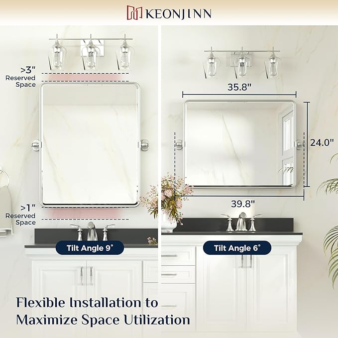 Keonjinn 24 x 36 Inch Pivot Mirror Bathroom, Brushed Nickel Tilt Mirror Bathroom for Wall, Beveled Pivot Rectangle Mirrors for Over Sink, Farmhouse Metal Framed Vanity Mirrors, Horizontal/Vertical