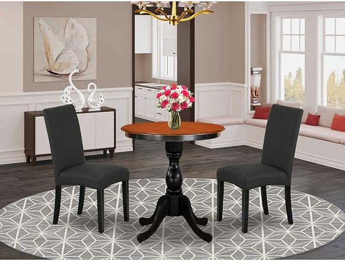 East West Furniture ESDA3-BCH-C 3 Piece Dinette Set for Small Spaces Contains a Round Dining Table with Pedestal and 2 Linen Fabric Upholstered Dining Chairs, 30x30 Inch, Black & Cherry