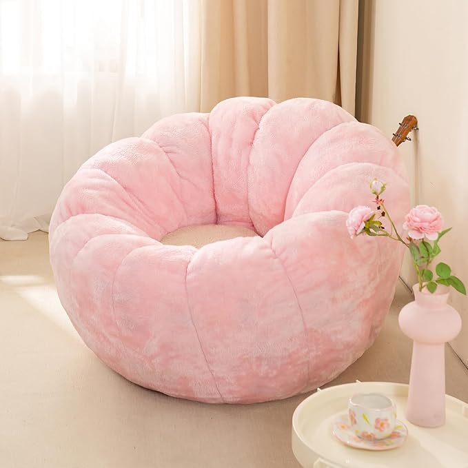 Pumpkin Bean Bag Sofa Chair for Adult, Beanbag Couch with Filler for Reading and Relaxation, Comfy and Lazy Sofa for Dorm, Apartment, Living Room and Bedroom, Pink