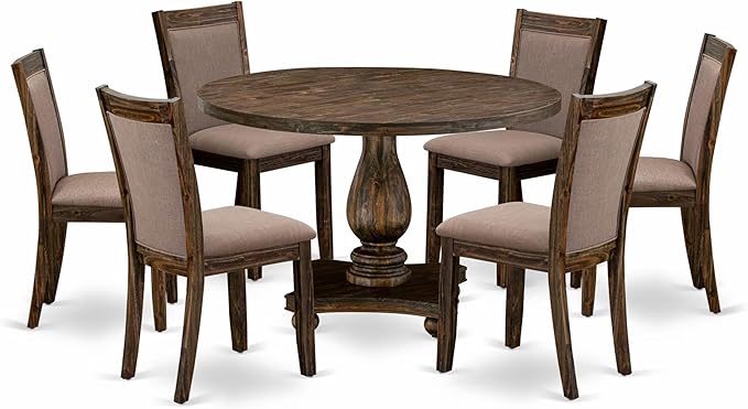 East West Furniture I2MZ7-748 7 Piece Modern Dining Table Set Consist of a Round Wooden Table with Pedestal and 6 Coffee Linen Fabric Upholstered Chairs, 48x48 Inch, Distressed Jacobean