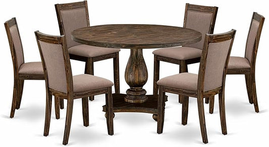East West Furniture I2MZ7-748 7 Piece Modern Dining Table Set Consist of a Round Wooden Table with Pedestal and 6 Coffee Linen Fabric Upholstered Chairs, 48x48 Inch, Distressed Jacobean
