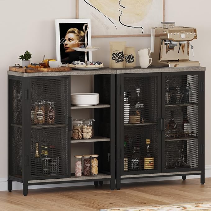 BON AUGURE Liquor Cabinet Bar for Home, Farmhouse Coffee Storage Cabinet for Kitchen, Small Wood Sideboard Buffet Station Cabinets with Door (Dark Grey Oak, 36")