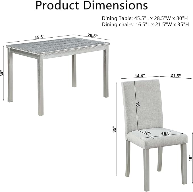 Ball & Cast 5 Piece Dining Table Set,Kitchen Table Set for 4 W/ 45.5" Rectangular Wooden Dining Table,Living Room Furniture W/ 4 Upholstered Chairs,for Dining Room,Kitchen,Silver Grey
