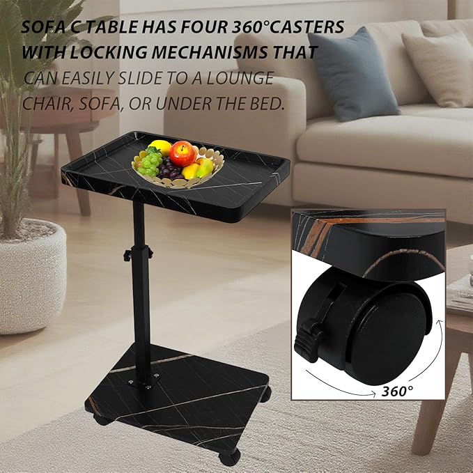 Simcat C Table End Table Adjustable Height, C Shaped Side Table with Wheels, 360° Swivel TV Tray Table, Sofa Side Tables for Small Spaces/Living Room/Bedroom/Bathtub/Hospital