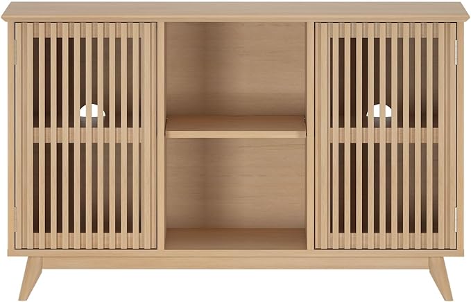 Plank+Beam Mid-Century Modern Wood TV Stand, Solid Wood Entertainment Console with Storage, 49" L x 16" W x 30" H, Blonde