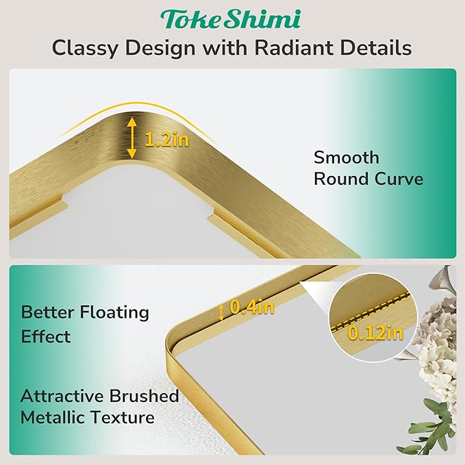 TokeShimi 48x24 Brushed Gold Bathroom Mirror for Over Sink,Bathroom Mirror Rectangle with Tempered Glass,Vanity Mirror with Aluminum Frame(Horizontal/Vertical)