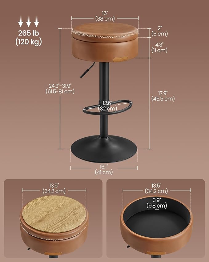 VASAGLE EKHO Collection - 360° Swivel Bar Stool, Height Adjustable Barstool with Storage, Synthetic Leather with Stitching, Mid-Century Modern, Kitchen Bar, Easy Assembly, Caramel Brown