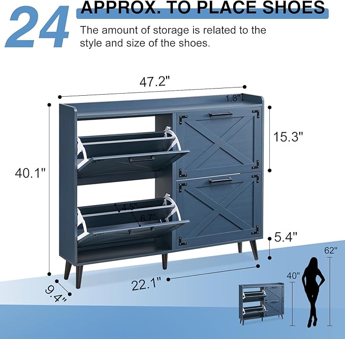 Shoe Storage Cabinet,Farmhouse Shoe Organizer with 4 Flip Drawers & Barn Door Design,Freestanding Hidden Slim Narrow Shoe Rack Cabinet for Entryway,Foyer,Hallway,Blue