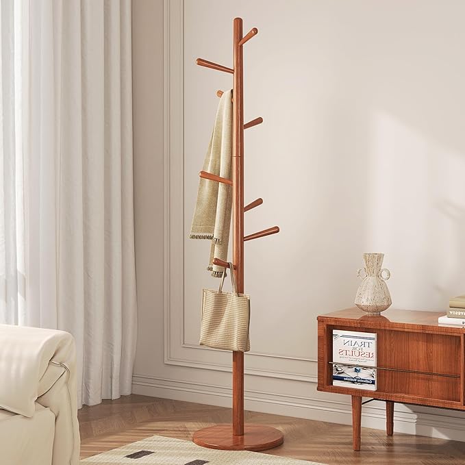 CozyDH Coat Rack Freestanding Solid Wood Coat Rack Stand, Coat Tree Freestanding with 8 Hooks Creative Tree Branch-look for Entryway, Hallway, Bedroom (Teak)
