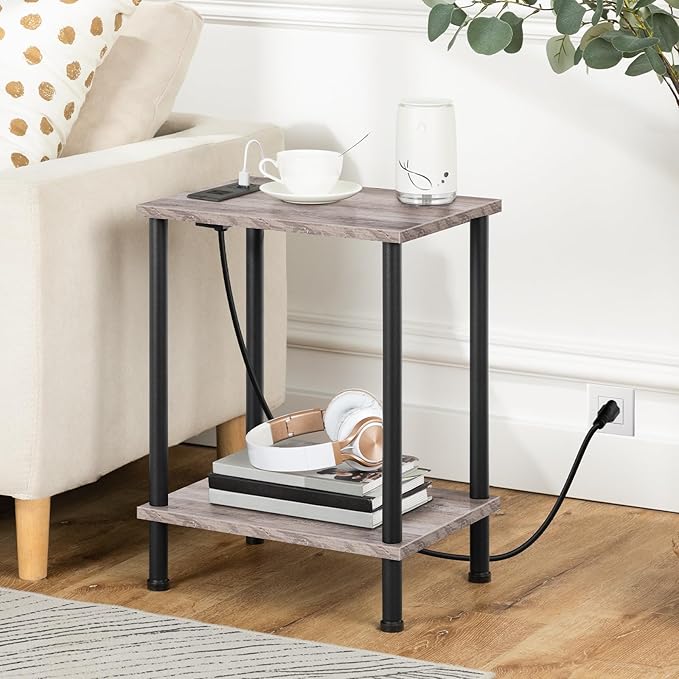 HOOBRO Side Table with Charging Station, Set of 2 End Tables with USB Port and Outlets, Nightstand with 2-Layer Storage Shelves for Small Spaces, Living Room, Bedroom, Greige and Black BG09UBZP201