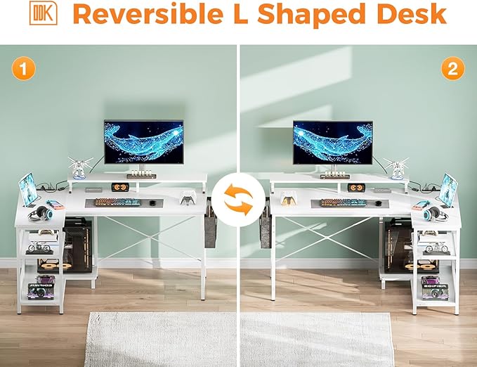 ODK 48 Inch Gaming Desk with USB Charging Ports and LED Lights, Reversible L Shaped Computer Desk with Storage Shelves & Monitor Stand, Corner Home Office Desk Table with Power Outlets, White