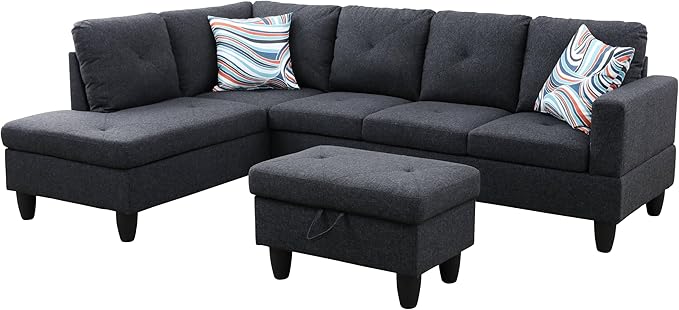 NicBex Sectional Couch 3 Pieces Sofa Set with Right Chaise Linen L Shaped Cloud Couch for Living Room Furniture Sets with Storage Ottoman, Modular Sofa for Living Room & Apartment, Black Grey
