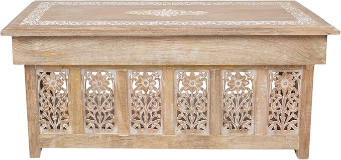 Lightnpro Handmade Wooden Coffee Table - Rectangular Foldable Table with Storage,Intricate Carving, Modern & Contemporary Home Décor, Compact Living Room Furniture – 40 Inch White Wash Finish