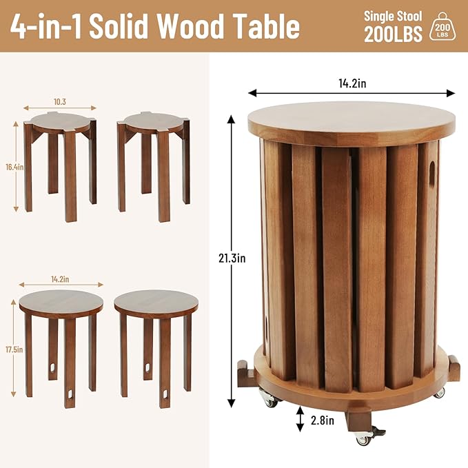 CozyDH 4-in-1 Nesting Side Tables, Stackable Stools Set of 4, Wooden Round End Table with Wheels, Small Coffee Table Nightstand for Bedroom Living Room, Walnut