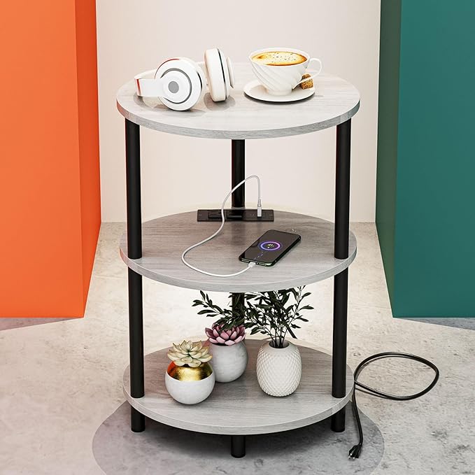 Small Round Side Table - 3-Tier Oval Accent Table for Small Spaces, Rustic Wood and Metal Nightstand for Living Room or Bedroom, Built-in USB Ports and Power Outlet, Greige