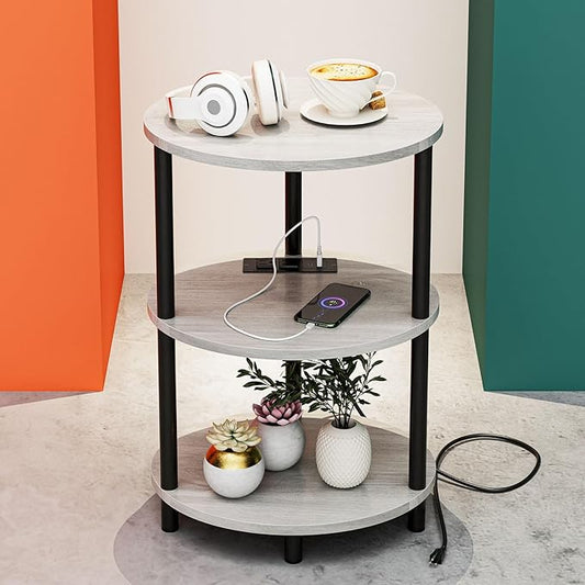 Small Round Side Table - 3-Tier Oval Accent Table for Small Spaces, Rustic Wood and Metal Nightstand for Living Room or Bedroom, Built-in USB Ports and Power Outlet, Greige