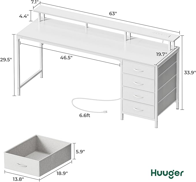 Huuger 63 Inch Computer Desk with Power Outlets and LED Lights, Gaming Desk with 4 Drawers, Office Desk with Monitor Stand, Study Work Desk for Home Office, White