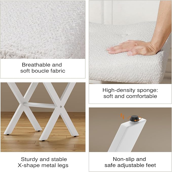 18-Inch Large Vanity Stool Chair, Vanity Bench with Metal X-Legs, Ottoman Foot Stool with Breathable and Soft Boucle Fabric Saddle Seat, White