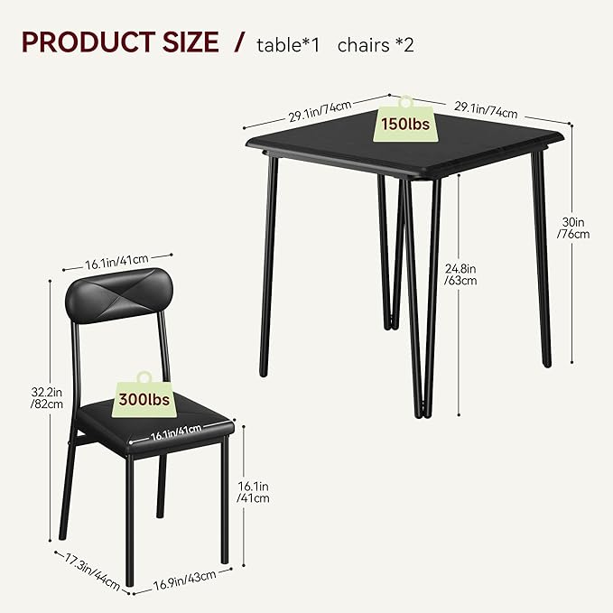 IDEALHOUSE Dining Table Set for 4, Kitchen Table with Upholstered Chairs for Kitchen Room and Small Spaces (Black, Table with 2 Upholstered Chairs)