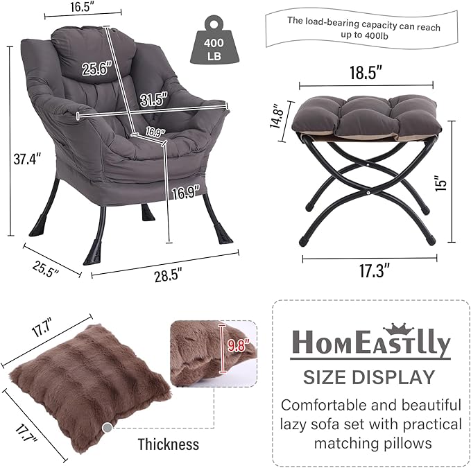 Large Lazy Chair with Ottoman, Accent Reading Chair with a Throw Pillow, Cozy Lounge Chair with Armrest, Leisure Sofa Chair for Living Room, Bedroom, Dorm, Shadow Grey