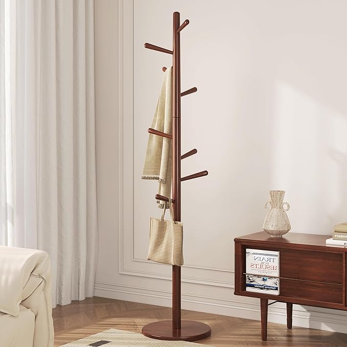 CozyDH Coat Rack Freestanding Solid Wood Coat Rack Stand, Coat Tree Freestanding with 8 Hooks Creative Tree Branch-look for Entryway, Hallway, Bedroom (Walnut)