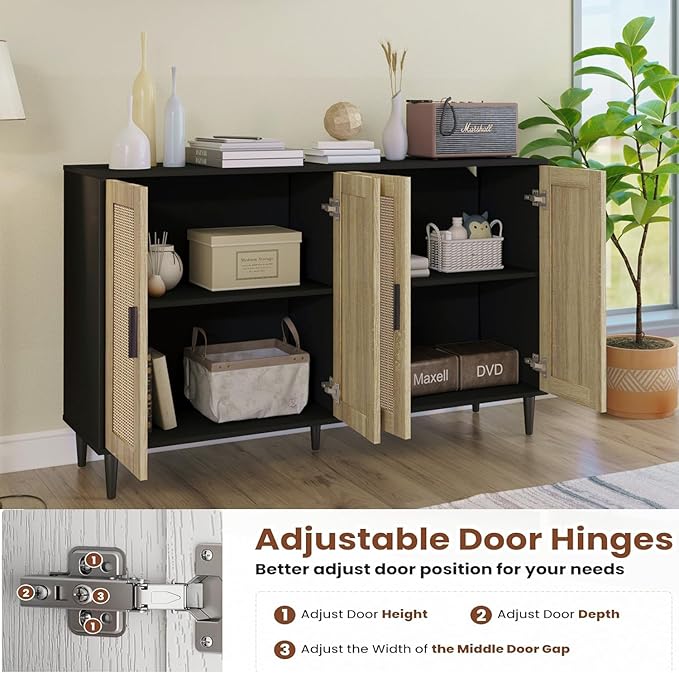 Black Buffet Sideboard,Kitchen Storage Cabinet with 4 Rattan Decorated Doors,Coffee Bar Cabinet with Adjustable Shelves for Living Room,Hallway