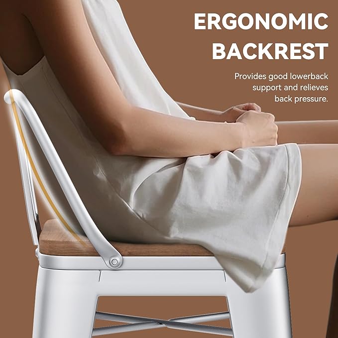 Yongchuang 30 inch Bar Stools Set of 2 Kitchen Bar Height Chairs with Wood Seat Industrial Low Back Metal Barstools Cream White