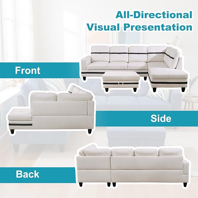 Couches for Living Room PU Leather L Shaped Couch Comfy 3 Pieces Sectional Sofa with Chaise, Ottoman with Storage for Office and Small Apartment, White and Black