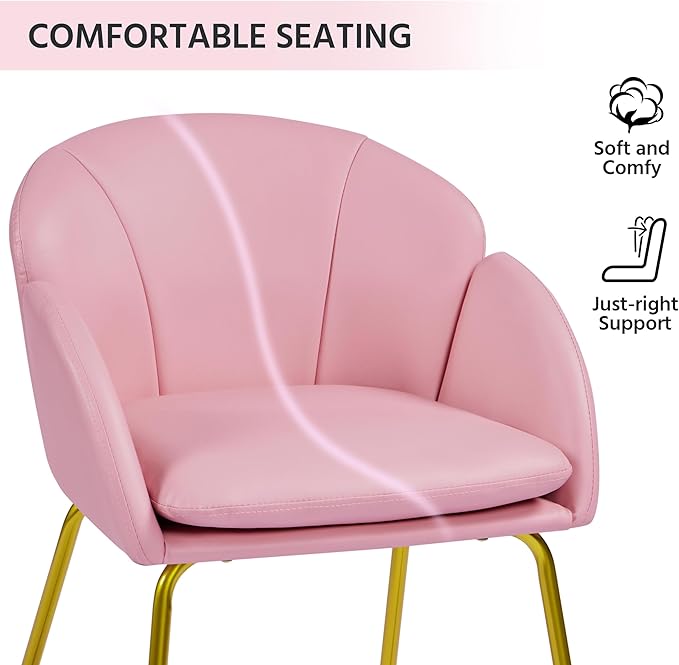 Yaheetech Modern PU Leather Armchair, Flower Shaped Makeup Chair Vanity Chair with Golden Metal Legs for Living Room/Makeup Room/Bedroom/Home Office/Kitchen, Simple Pink